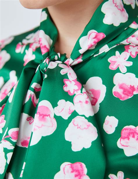 Satin Floral Print Womens Fitted Blouse With Single Cuff And Pussy Bow In Green And Pink Hawes
