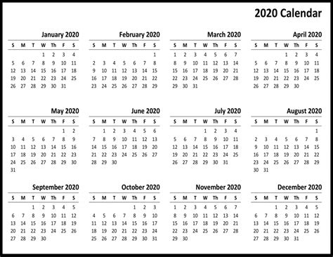 Free Printable 2020 Yearly Calendar Template Best Printable Calendar