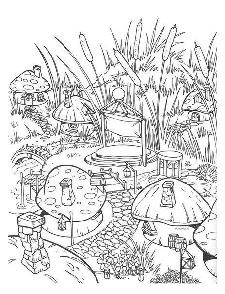 The image is quite comical and attractive at the same time. mushroom town colouring | Adult Colouring~Mushrooms ...