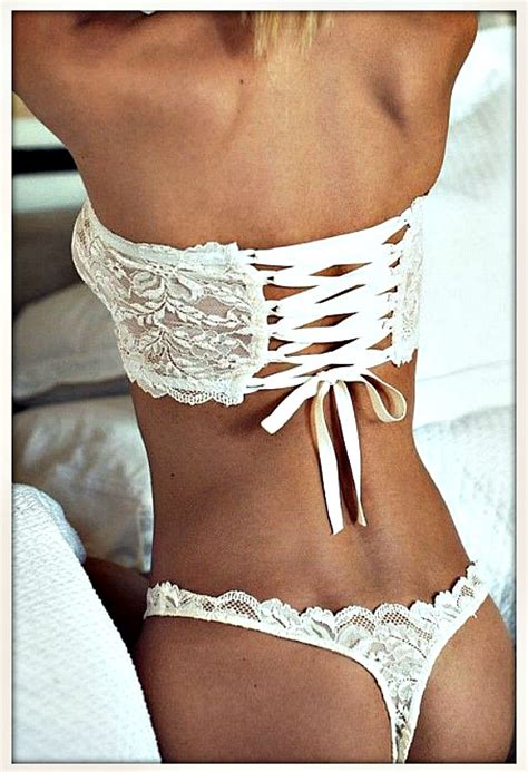 Strapless Lace Up Back Bra And G String White Lace Panty Set White Lace Underwear Lingerie