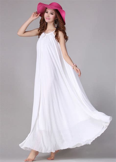 Pure White Chiffon Expansion Skirt Maxi Boho Beach Dress