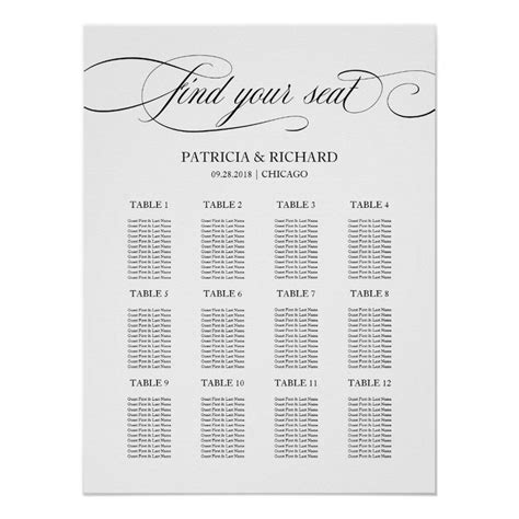 12 Tables Wedding Seating Plan Black Script Poster Zazzle In 2022