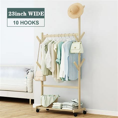 Bamboo Clothes Laundry Rack With Side Hooks Lower Shoe Shelf For Extra