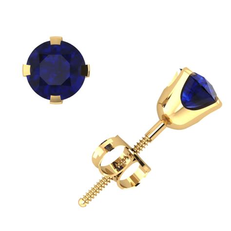 Genuine Carat Round Cut Blue Sapphire Stud Earrings K Yellow Gold