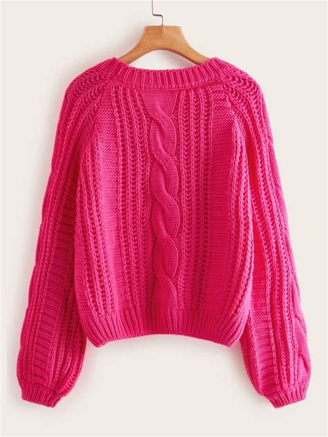 Neon Pink Cable Knit Solid Sweater Shein Usa Mesh Skater Dress