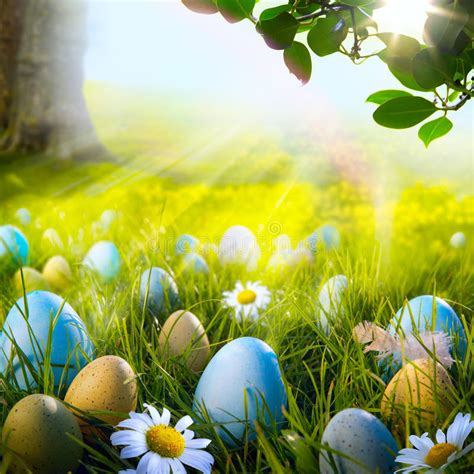 Art Decorated Easter Eggs In The Grass With Daisies Stock Photo Image