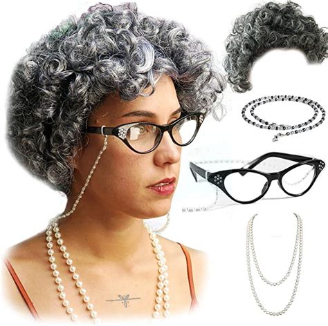 vibe old lady wig cosplay set gray hair granny wig with pearl necklace glasses
