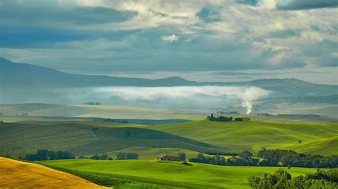 Nature Landscape Trees Tuscany Hill Italy Mist Field Grass Clouds