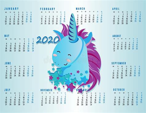 Cute Colorful Monthly Calendar 2020 Year Concept With Unicorn Pony