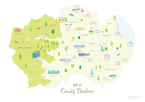 Illustrated Hand Drawn Map Of County Durham By Uk Artist Holly Francesca