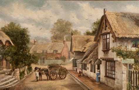 19th Century English Oil Painting On Canvas Village Scene Wi