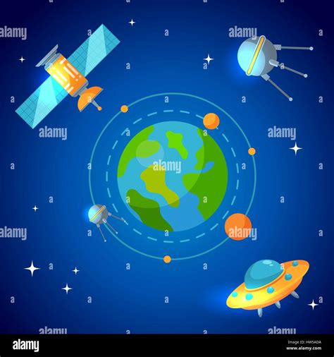 Planet Earth And Satellites In Orbit Alien Ship Stock Vector Image