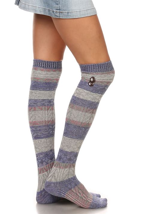 Lady S Fashion Striped Leg Warmer Boot Socks Grey Blue One Size 9 11