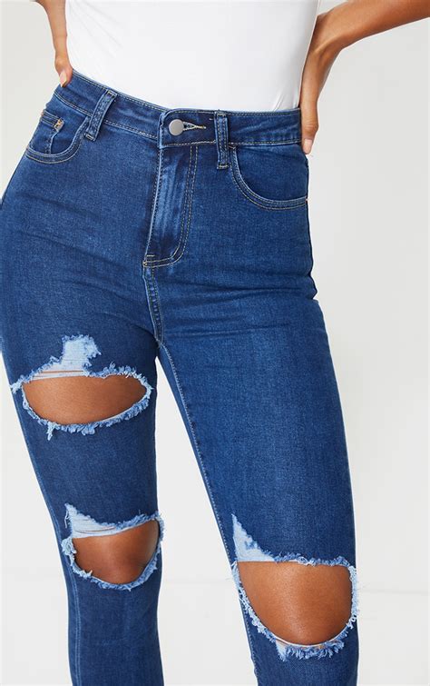 Plt Mid Blue Wash Double Rip 5 Pocket Skinny Jeans Prettylittlething Ie