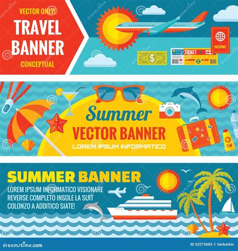Summer Travel Decorative Horizontal Vector Banners Set In Flat Style