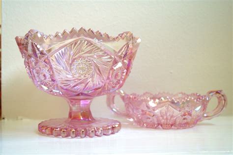 Smith Pink Carnival Glass Compote And Handled Nappy By Vintiqued