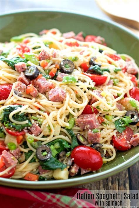 Cool pasta salad on a hot summer day is the perfect bbq side dish. Italian Spaghetti Salad with Spinach ...