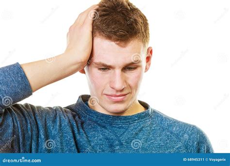 Closeup Stressed Man Holds Head With Hands Stock Image Image Of