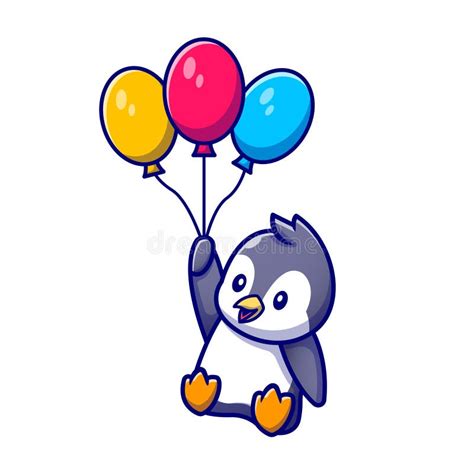 Cute Penguin Flying With Balloons Cartoon Vector Illustration Stock