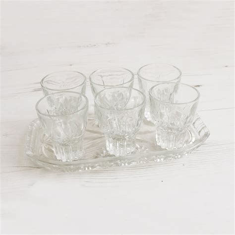 Vintage Clear Shot Glasses And Serving Tray Glass Collectible Decor Barware Drinking Serving
