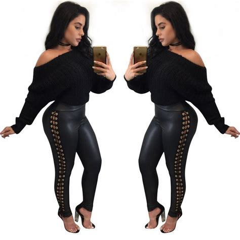 2019 Women Sexy Pu Pant Eyes Lacing Solid Color Soft Pu Leather Double Buttons Side High Waist
