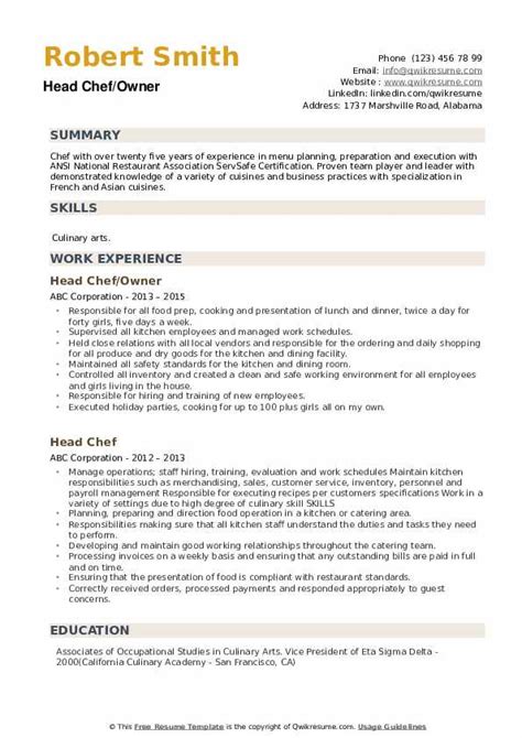 Head Chef Resume Samples Qwikresume