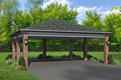 A carport is a covered structure used to offer limited protection to vehicles, primarily cars, from rain and snow. Hip-Roofed 2-Vehicle Carport Plan - 68682VR ...