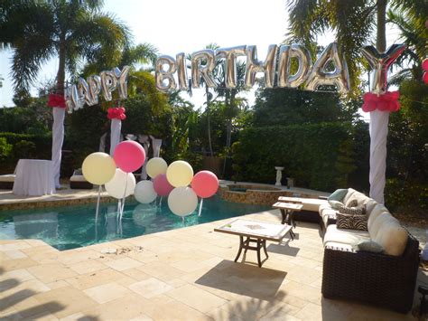 Birthday Balloon Arch Over A Swimming Pool Backyard Party Decoration