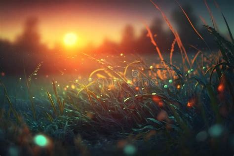 Grass Filled With Dew On A Sunrise Morning Neural Network Ai Generated