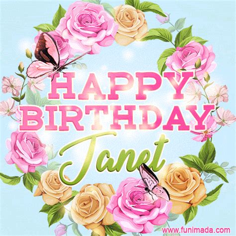 Beautiful Birthday Flowers Card For Janet With Animated Butterflies