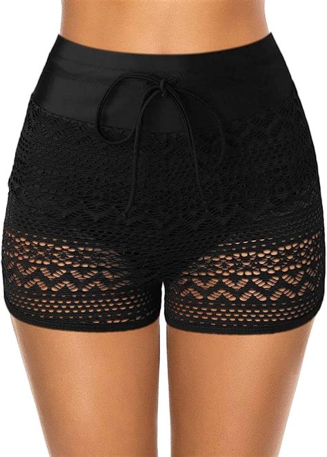 Womens High Waisted Swim Shorts Lace Hollow Out Swimsuit