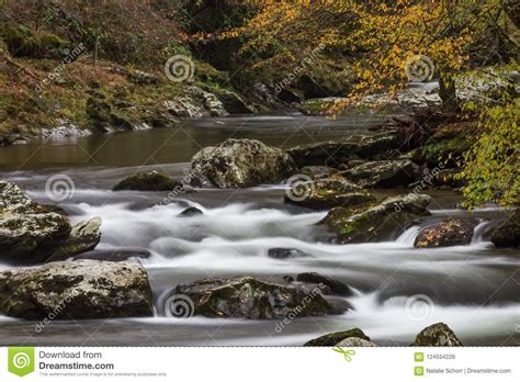 Stream Winding Through An Autumn Landscape Fall Leaves Stock Photo