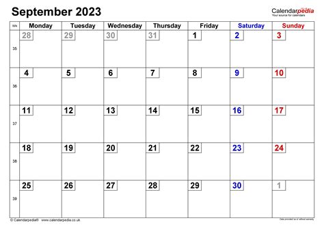 Calendar September 2023 Uk With Excel Word And Pdf Templates