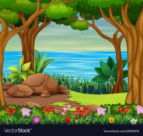 Beautiful Forest Scene With River And Trees Vector Image