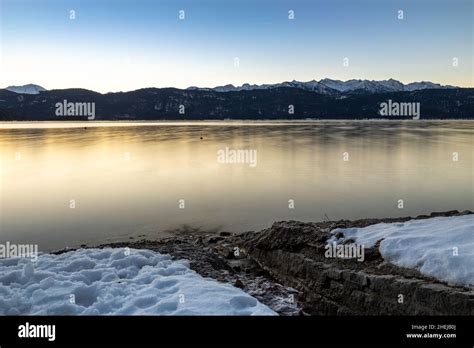 Dawn At Lake Walchensee Bavaria Germany In Winter Stock Photo Alamy