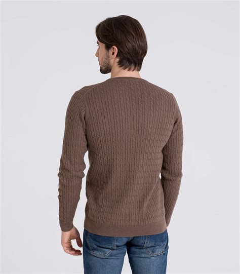 Mocha Mens Cashmere And Cotton Cable Crew Neck Sweater Woolovers Au