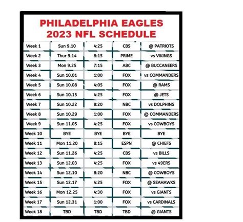 2023 Philadelphia Eagles Eastern Time Nfl Football Schedule Etsy