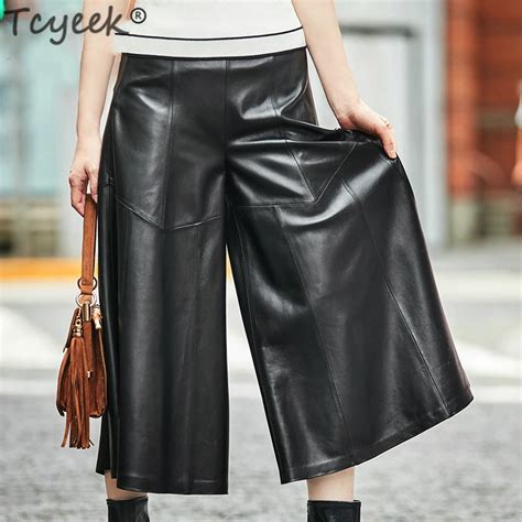 tcyeek wide leg pants women genuine leather pants real sheepskin black trousers korean loose