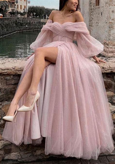 princess off the shoulder sweep train tulle prom dress with pleated split prom dresses
