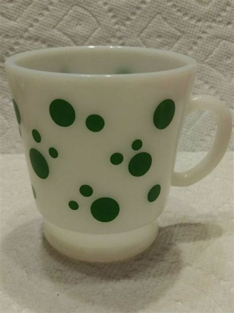 White Milk Glass Mug Hazel Atlas Vintage Cup Green Polka Dots