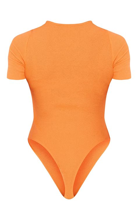 Recycled Basic Hot Orange Rib Bodysuit Tops Prettylittlething Ca