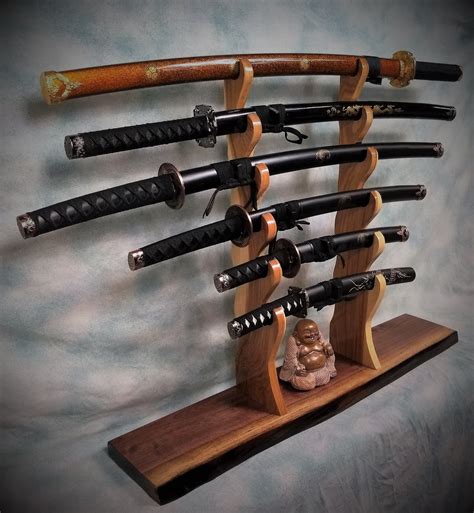 Rustic 4 Tier Sword Stand Display Oak Base Katana Wakizashi Tanto