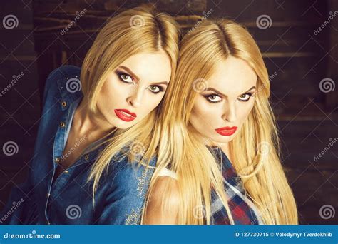 twin sisters with blond hair fashionable makeup and red lips stock image image of beauty