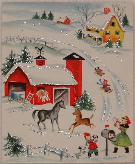 Vintage Atomic Christmas Greeting Card Noel Snowflakes Glittered Unused