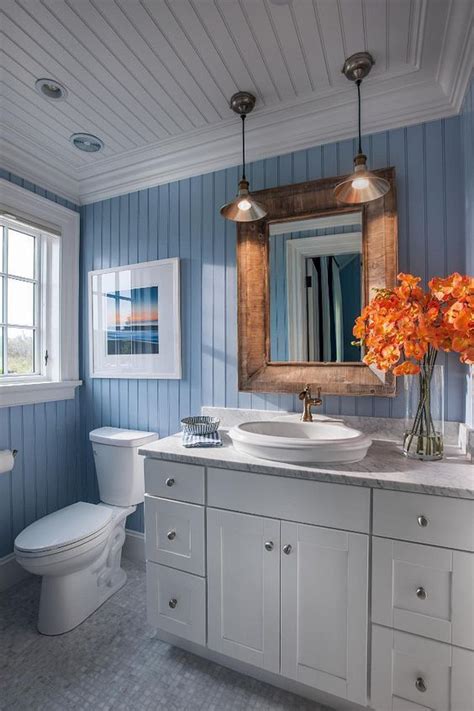 Beach House Coastal Style Bathroom With Blue Beadboard Walls And White