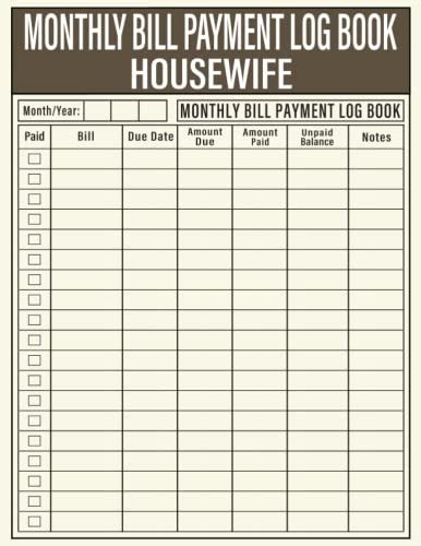 Monthly Bill Payment Log Book For Housewife Monthly Budget Finance