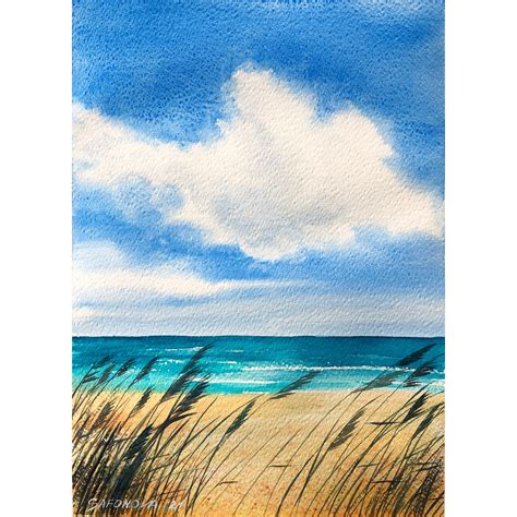 Beach And Sky Cloud Painting Seascape Original Watercolor Wall Etsy
