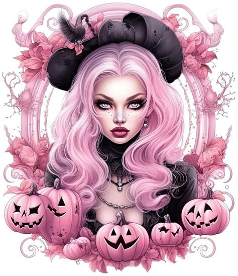 A Woman With Pink Hair Wearing A Hat And Pumpkins