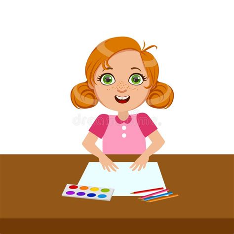 Girl With Paper Paint And Brush Elementary School Art Class Vector