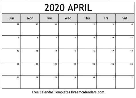 Download Printable April 2020 Calendars